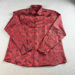 Barry Wang Mens XL Red Paisley Silk Blend Long Sleeve Button Down Shirt NWOT